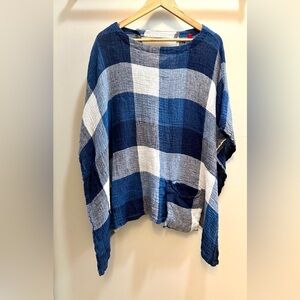IC Connie K Collection Women's Oversize Poncho Navy Plaid Tunic Linen Top